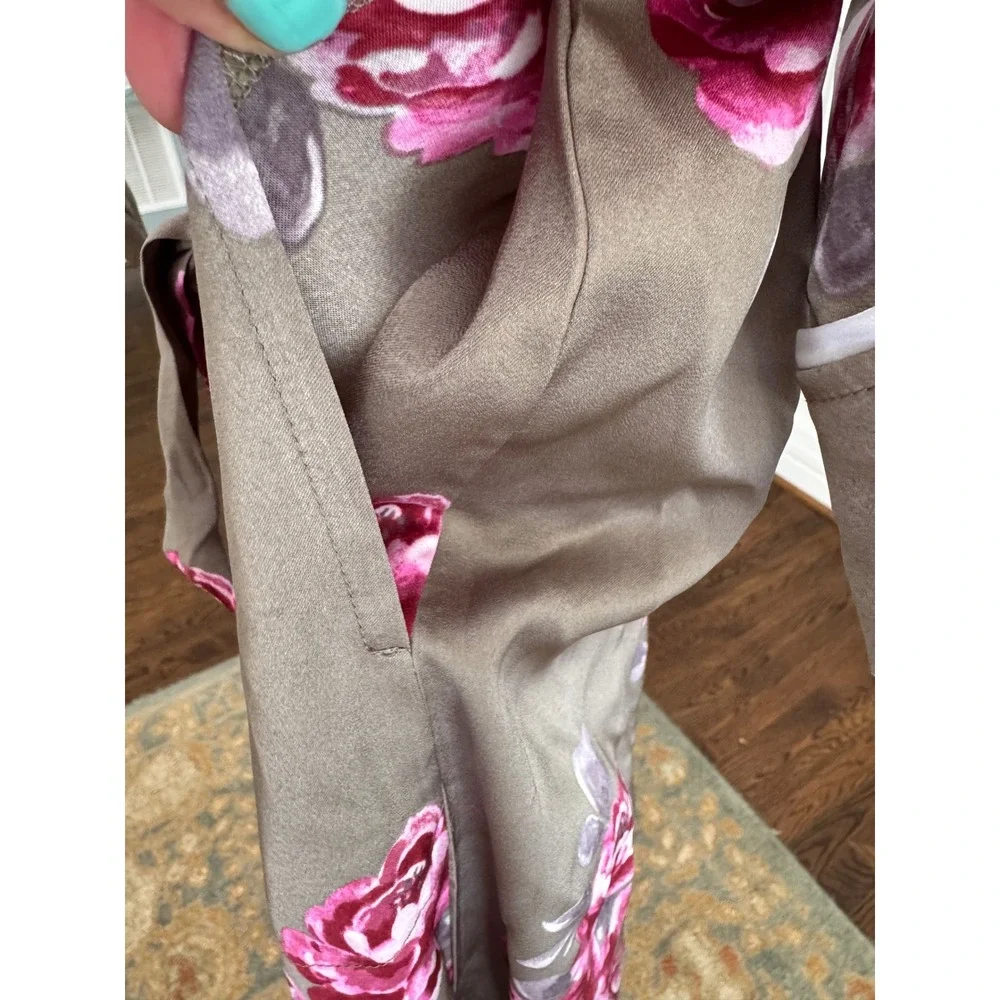 NWT Splendid Floral Satin Robe Long Pink Roses Taupe Olive Green NWT L XL